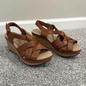Clarks Tan Leather Wedge Sandals
